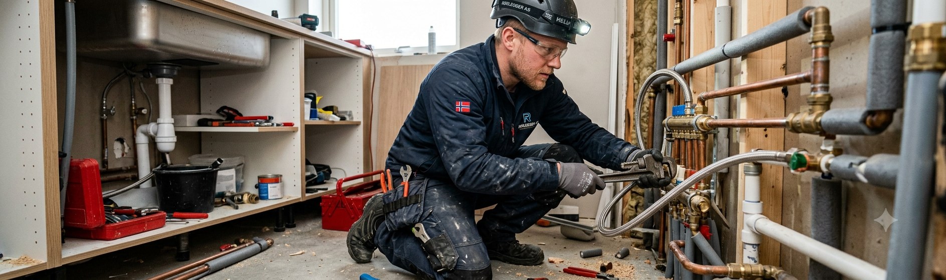 R&oslash;rlegger som monterer r&oslash;r under kj&oslash;kkenbenk